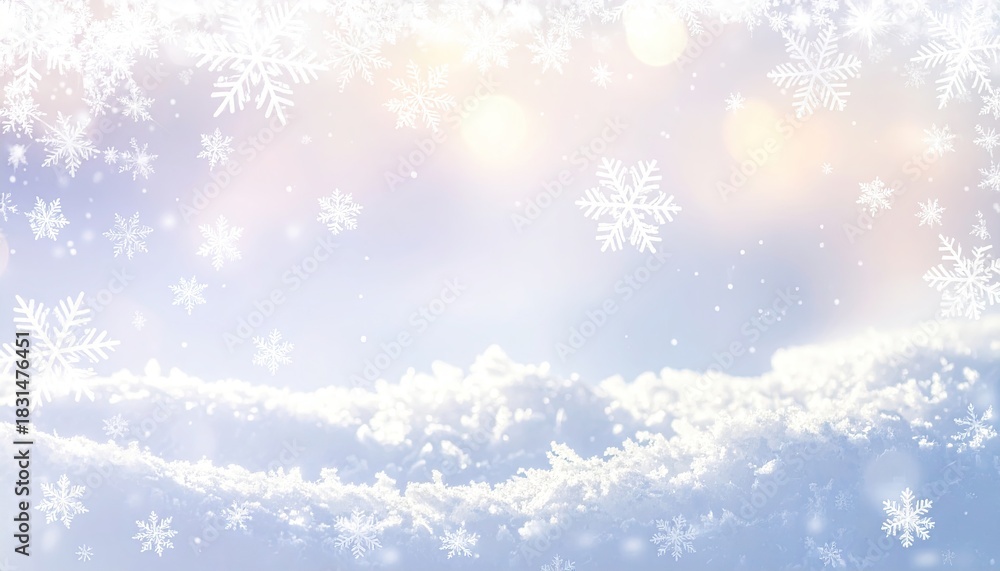 Naklejka premium Dreamy Winter Wonderland Scene with Falling Snowflakes and Soft Bokeh Lights.