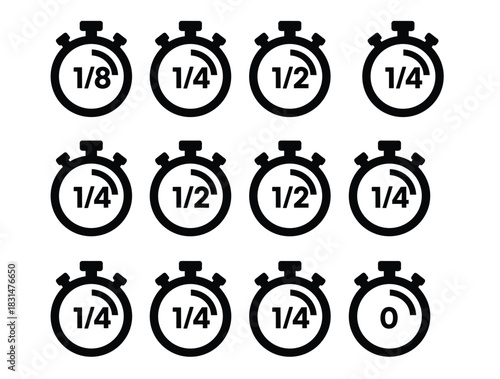 Flat vector illustration, stopwatch icons set, time fraction symbols, progress tracking elements, black line style, isolated on white background