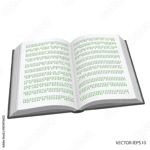 Open book with green text on white pages against a plain white background in EPS10 vector format.