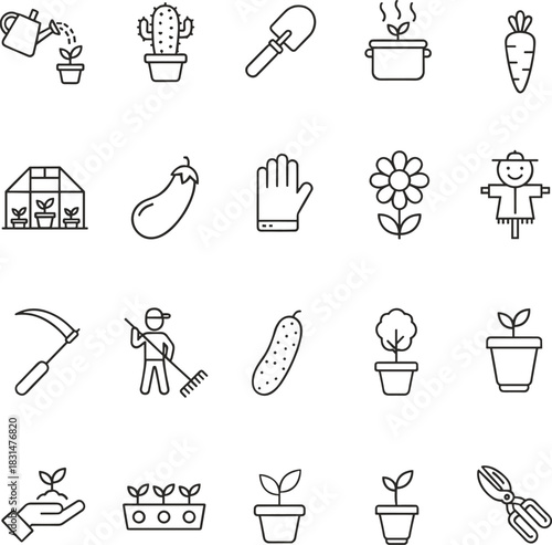 Flat vector illustration, gardening icons set, plant care tools, agriculture symbols, garden elements, black line style, isolated on white background