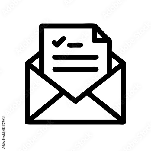 Black outline of an open envelope containing a document with a checkmark and horizontal lines