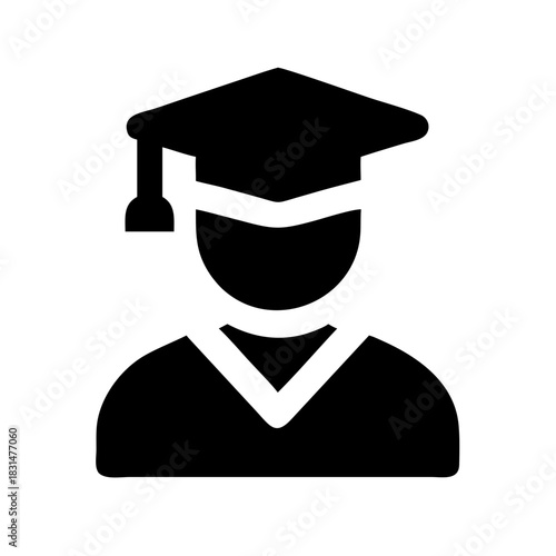 Illustration of a graduate wearing a cap and gown in black and white design for education purpose