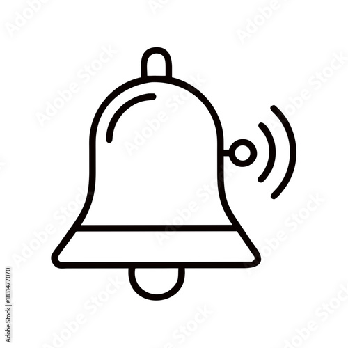 A simple line drawing of a bell with a clapper and sound waves emanating from the right side of it