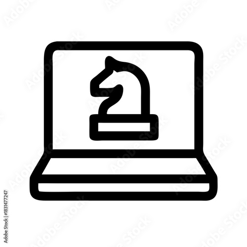 A laptop displaying a chess knight piece in black outline on the screen with a white background view