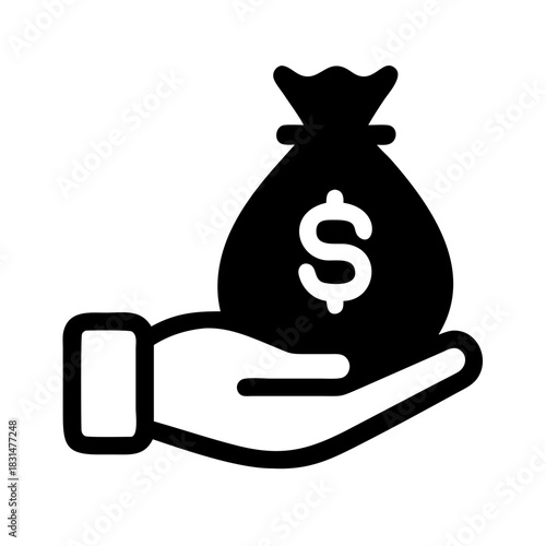 Hand holding a money bag with dollar sign representing financial gain and wealth accumulation icon