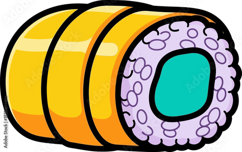 A vibrant cartoon illustration of a single sushi roll with yellow seaweed and a turquoise filling.