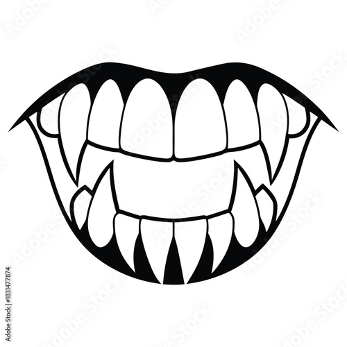 A black silhouette of a vampire's teeth