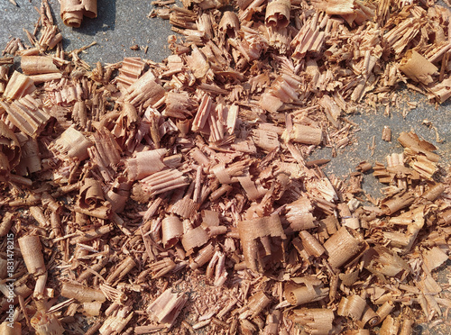 Close-up of Fresh Wood Shavings and Sawdust from Woodworking