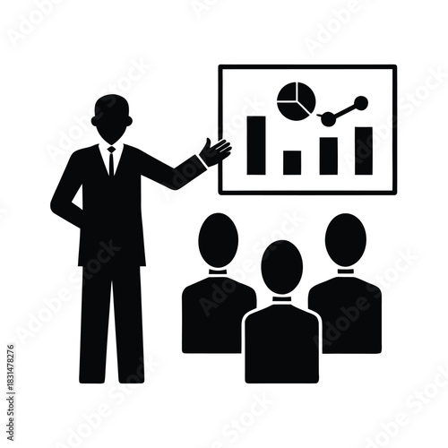 Corporate strategist explaining predictive analytics for growth planning silhouette