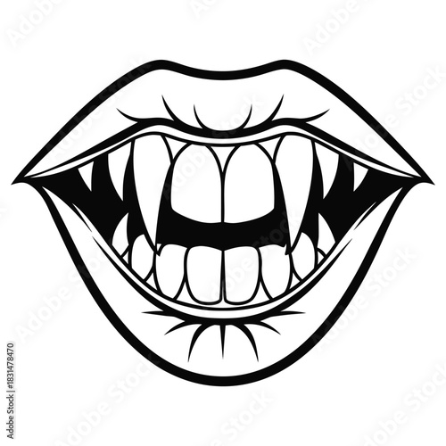 A black silhouette of a vampire's teeth
