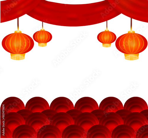 Chinese lanterns, hanging from a rich, draped red fabric at the top, glowing with warm orange and yellow light, overlapping red and deep crimson circles or scallops on the bottom, space in the center.