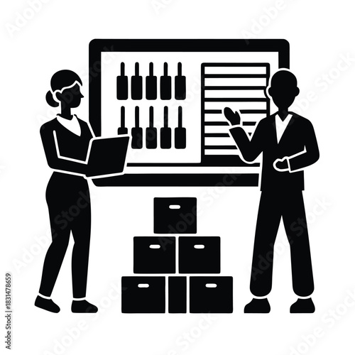 Logistics team reviewing supply chain performance data on analytics dashboard silhouette