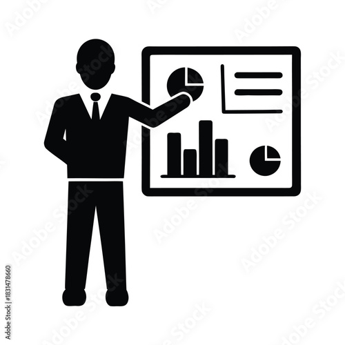 Marketing manager showing campaign performance dashboard to creative team silhouette
