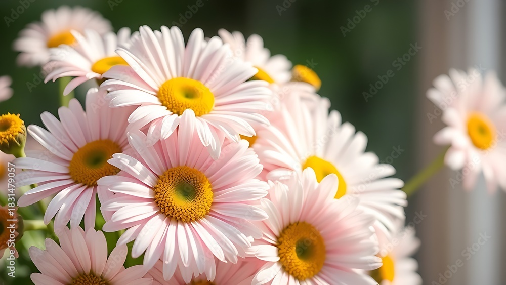 Fototapeta premium Fresh daisy bouquet bathed in soft sunlight, showcasing delicate pastel petals.