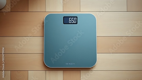 Modern digital weighing scales placed on a wooden floor, representing health and wellness in a simple, clean style.