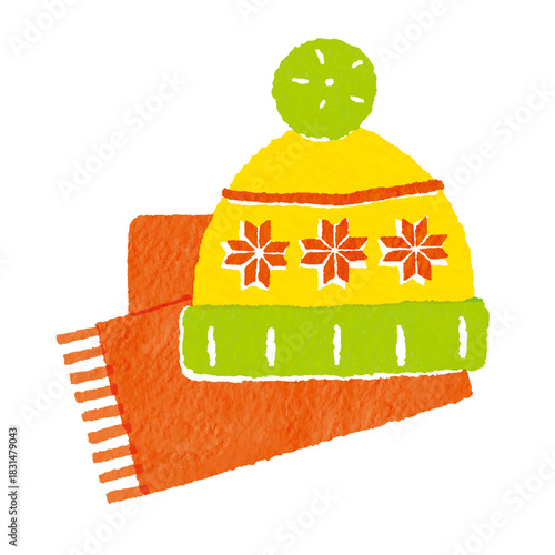 ニット帽とマフラーを描いたカラフルな冬小物イラスト (赤・オレンジ・黄緑)