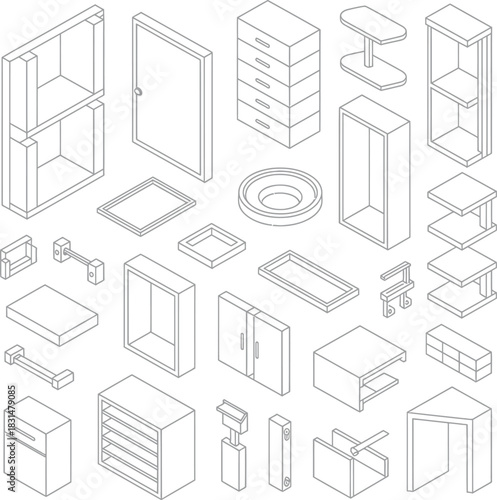 Isometric line art modular furniture components and elements set.
