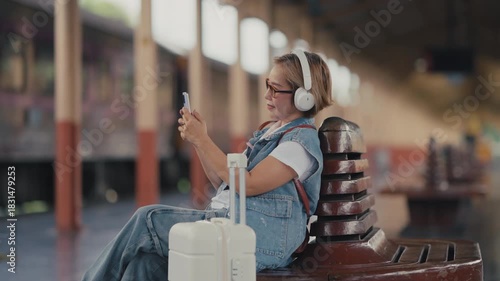 A mature woman with a suitcase travels joyfully at a train station
