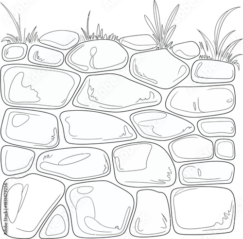 Hand drawn outline illustration of a garden stone wall with grass