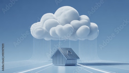 Cloud computing concept with house under cloud and data stream, 3d render