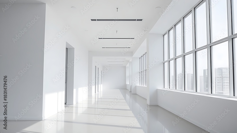 Fototapeta premium Modern white office corridor with large window and clean lines.