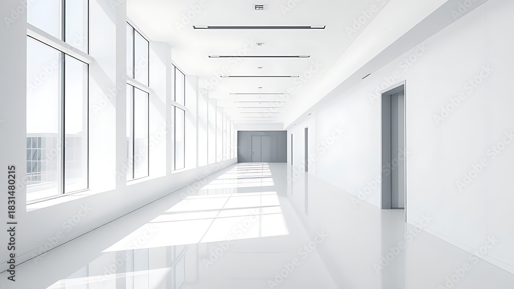 Fototapeta premium Modern white office corridor with large windows and clean lines.
