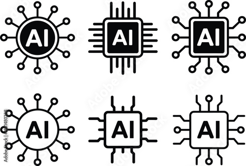 AI chip icon set, stylized black processor symbols for artificial intelligence, computing, and technology interface design themes