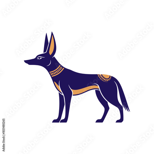 An illustration of the ancient Egyptian god Anubis, depicted as a black jackal with upright ears and a golden collar and markings.