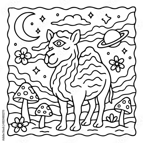 Camel and Celestial Dreamscape: An enchanting line art illustration of a camel, framed by celestial elements, including a crescent moon, stars, and planets, invites the viewer into a whimsical.