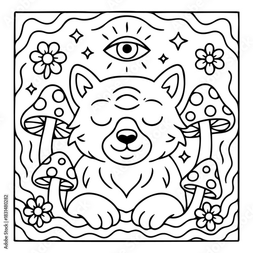 Mystical Psychedelic Fox with Third Eye: This unique illustration features a serene fox adorned with a third eye and surrounded by psychedelic elements.