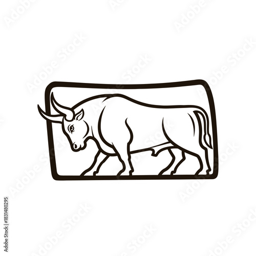 Black and white illustration of a powerful bull standing in profile within a rectangular frame, depicting strength and determination.