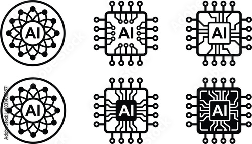 AI circuit icon set, stylized black processor symbols for artificial intelligence, neural networks, and technology interface design themes