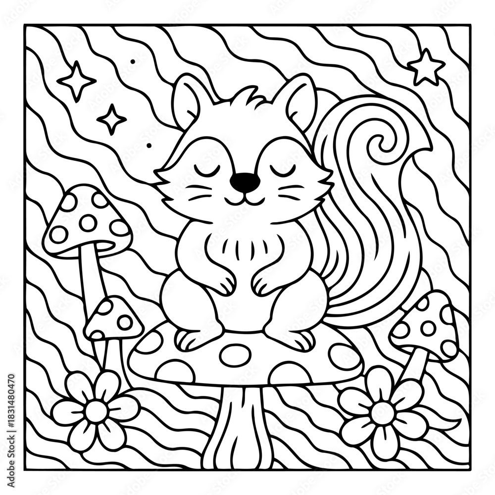 Fototapeta premium Whimsical Squirrel Illustration: A charming, outlined illustration of a squirrel with serene closed eyes, perched atop a mushroom amidst a whimsical landscape. Embracing the wonder of imagination