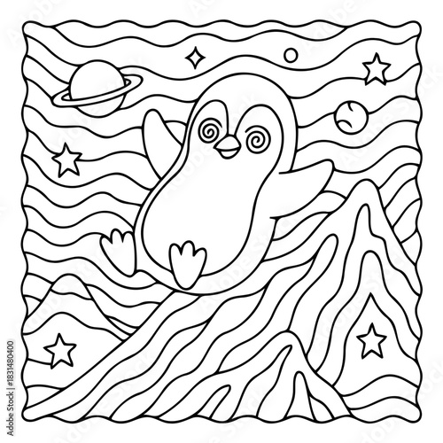 Celestial Penguin's Adventure: A whimsical illustration of a playful penguin embarking on an imaginative journey through space, filled with stars, planets, and a sense of wonder.