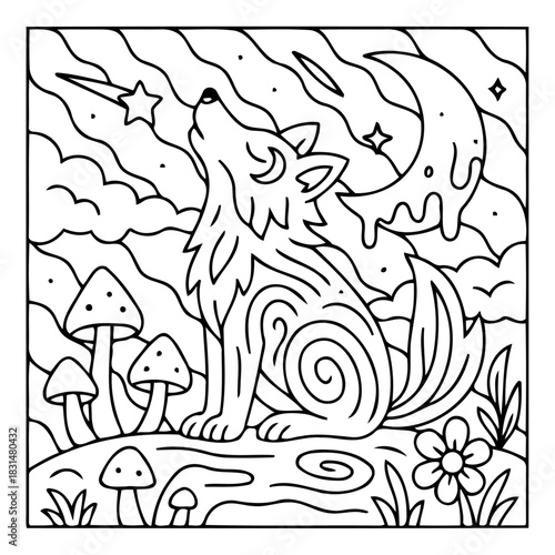 Lone Wolf's Serenade: A black and white illustration of a solitary wolf, nestled amidst whimsical mushroom and blooming flower, as it howls at the celestial symphony above.