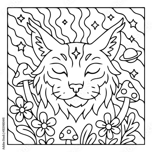 Mystical Cat Dream: A whimsical illustration depicts a serene cat at the heart of a dreamy landscape, featuring flowers, mushrooms, and stars.