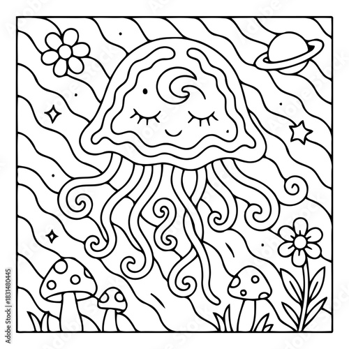 Celestial Dreamscape: A whimsical illustration of a serene jellyfish floating in a starry space with charming elements like flowers and mushrooms, evoking a sense of tranquility and imaginative play.