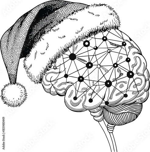 Anatomical brain illustration wearing a santa hat with network connections overlayed in black and white