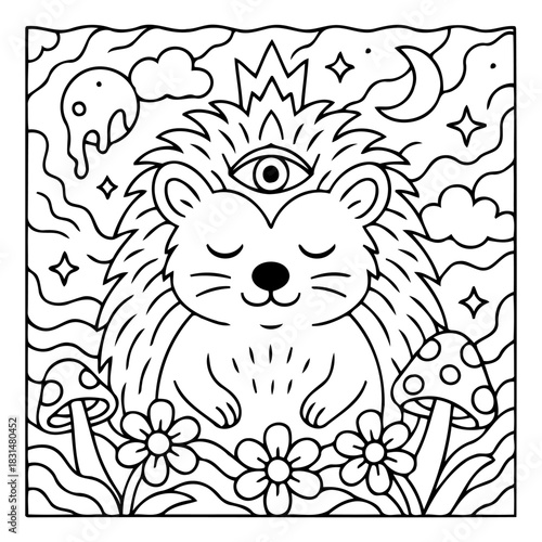 Enlightened Hedgehog: An intricate illustration of a serene hedgehog with a third eye and a crown, surrounded by whimsical elements like mushrooms, flowers, stars, and celestial bodies. 