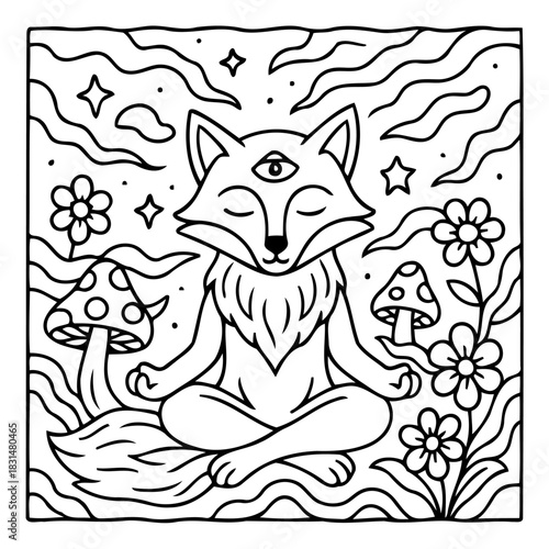 Mystic Fox Meditating in Garden: A mystical fox with a third eye sits serenely amidst a garden of swirling patterns, stars, flowers, and mushrooms, embodying tranquility and inner peace.