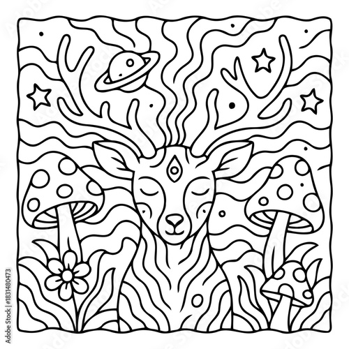 Mystical deer artwork: A captivating and intricately designed illustration of a deer, featuring cosmic elements and enchanting imagery, symbolizing the mystical realm.