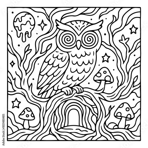 Mystical Owl Illustration: A captivating illustration showcases an owl perched amidst a whimsical landscape of swirling trees, cosmic elements, and surreal mushrooms.