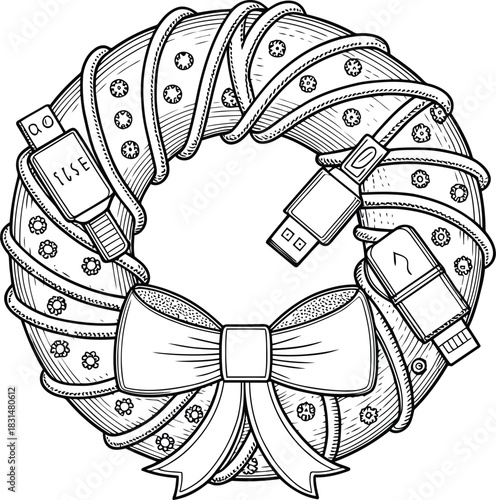 Illustration of a christmas wreath decorated with usb drives and a bow in black and white style