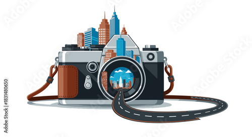 A classic camera creatively blends the essence of city exploration and scenic journeys, symbolizing the capture of memorable travel experiences.