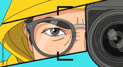 A close-up illustration of an eye behind trendy glasses, framed by a camera's viewfinder, symbolizing photography, investigation, or watchful observation.