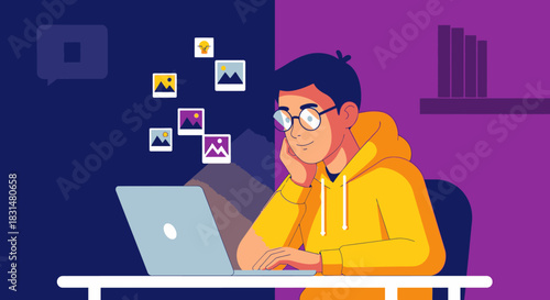 A focused young man in a yellow hoodie intently uses his laptop, surrounded by floating digital images, symbolizing modern content creation and digital media.