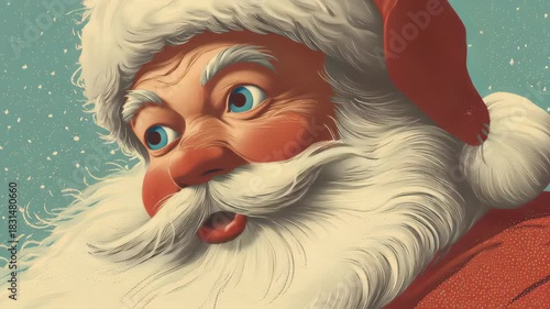 Retro santa art style, christmas, retro holiday card design featuring santa with classic stylized expression, gentle grain texture, soft retro palette