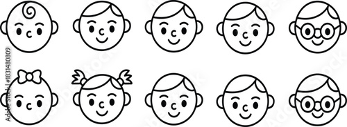 Children’s face matching icon set, stylized cartoon portraits for education, visual recognition, and playful character design themes