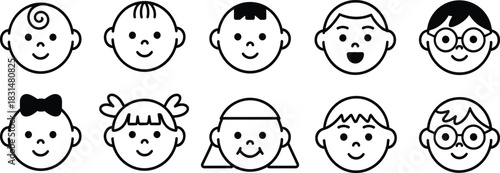 Children’s face icon set, stylized cartoon portraits for diversity, education, family, and playful character design themes