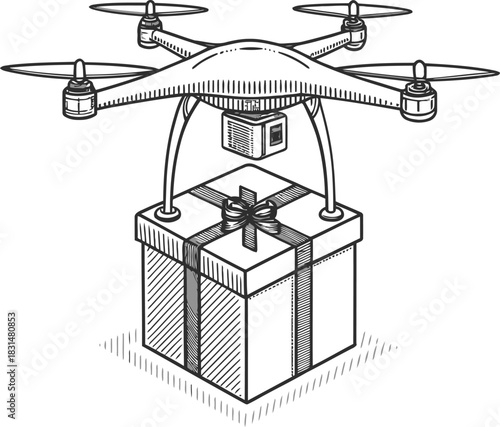 A drone carrying a gift box suspended beneath it with a bow on top in black and white